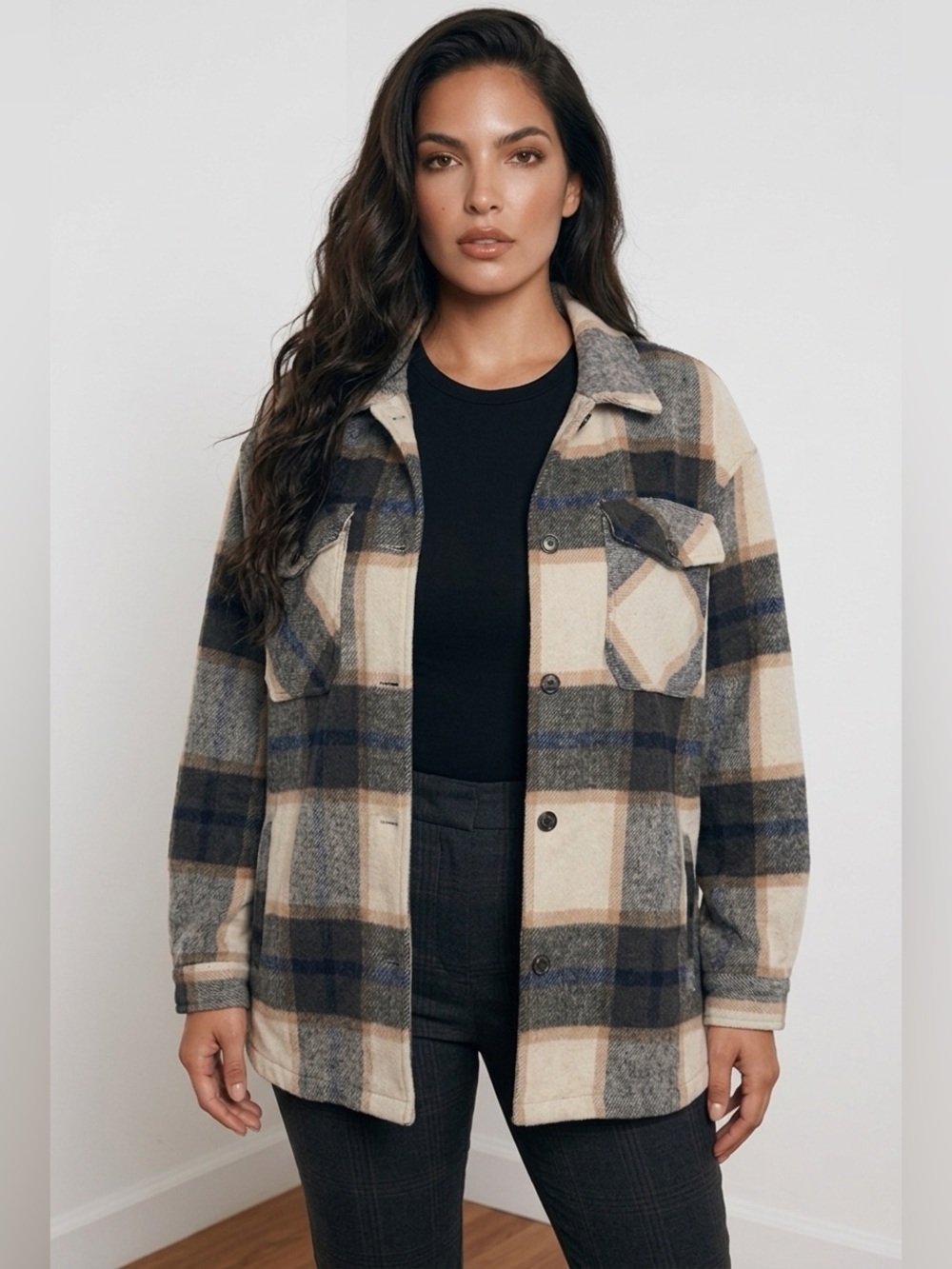 Ashley By 26 International Cream, Navy & Tan Plaid Utility Shacket